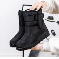 Women's waterproof winter snow boots by MANDOTOS INTERNATIONAL with non-slip soles, warm lining, and platform design.