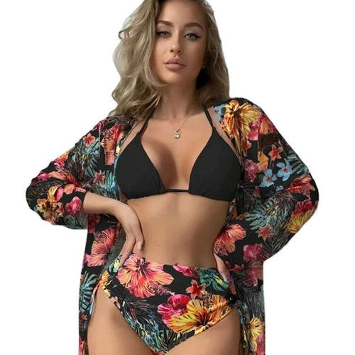 Mandotos International three-piece floral printed bikini swimwear set with cover-up, designed for fashionable beachwear and women.