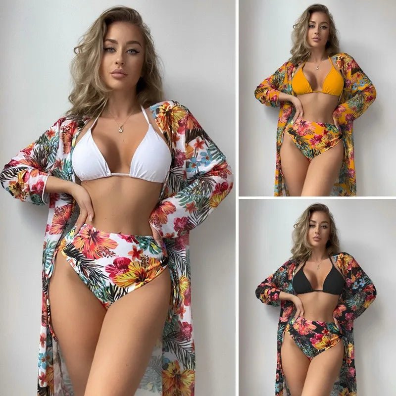 Mandotos International three-piece bikini swimwear set with floral print, featuring a bikini top, bottom, and cover-up for ladies.