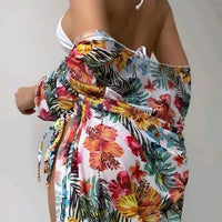 Mandotos International three-piece floral printed bikini swimwear set with cover-up, designed for women’s beachwear and swim fashion.
