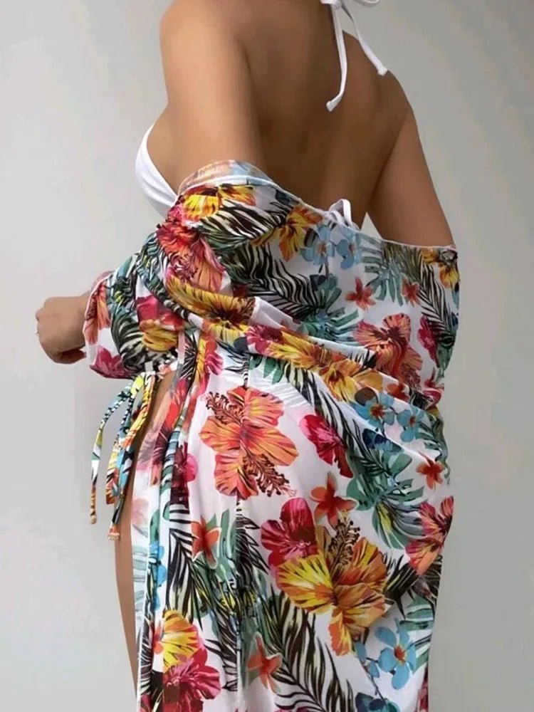 Mandotos International three-piece floral printed bikini swimwear set with cover-up, designed for women’s beachwear and swim fashion.