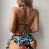 Mandotos International three-piece floral printed bikini swimwear for women, featuring a sexy beach cover-up and stylish swimwear design.