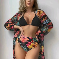 Mandotos International three-piece floral printed bikini swimwear for women, featuring a fashionable cover-up for beachwear and swim sessions.