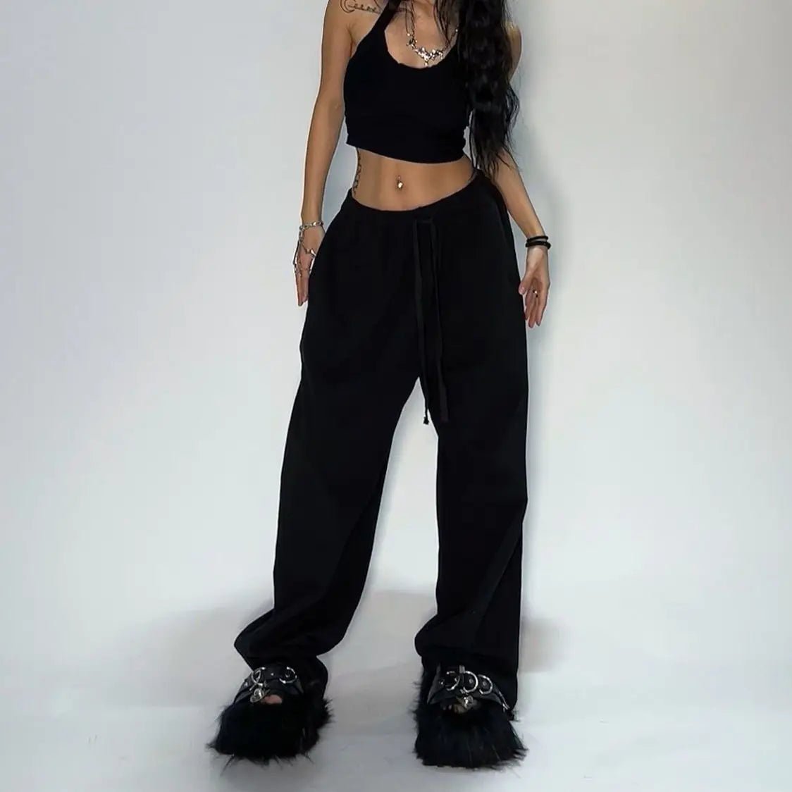 Y2K embroidered black and gray casual pants with camo design, tactical style, drawstring waistband, suitable for men and women.