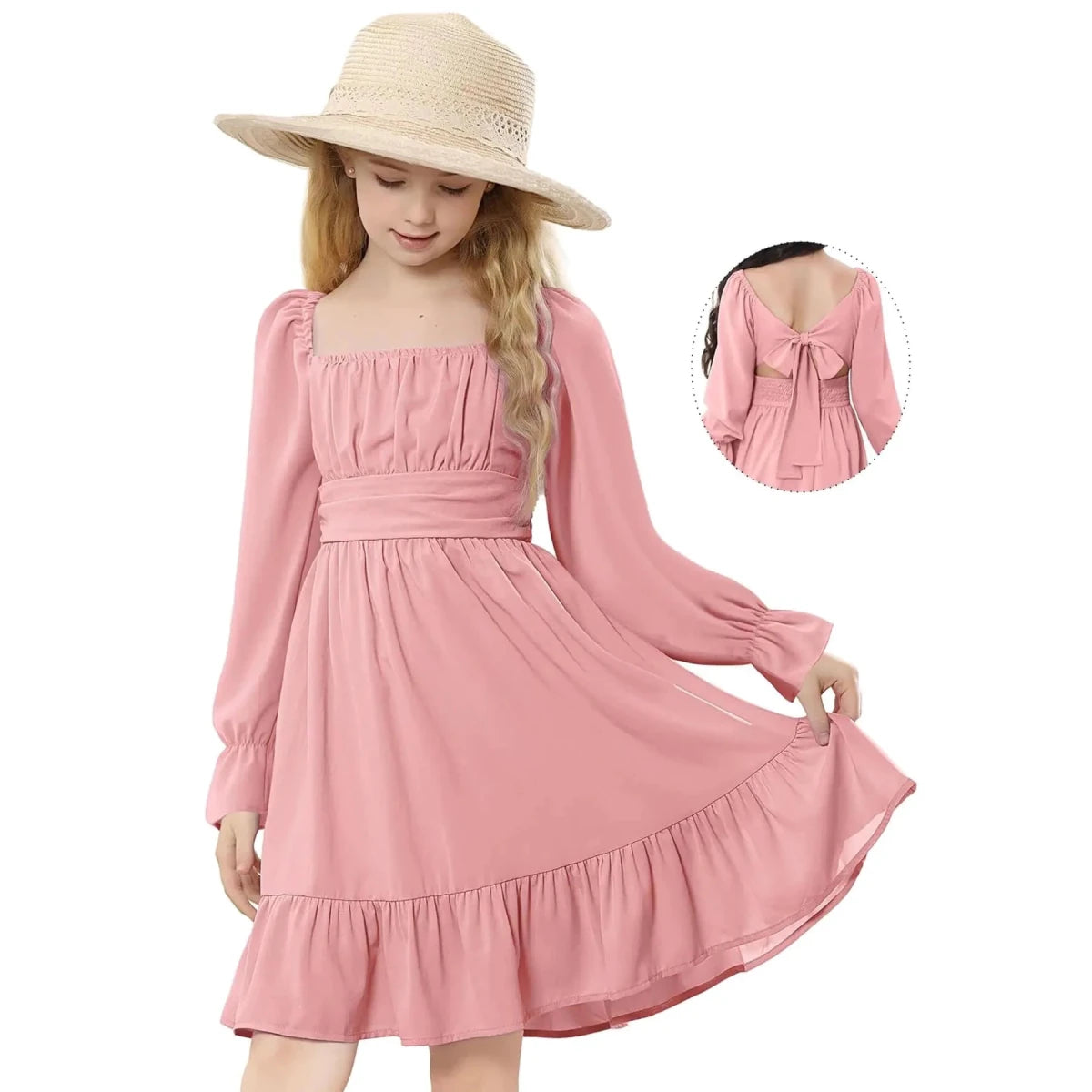 Pink off-shoulder girls' dress by Mandotos International, perfect for all occasions, designed for ages 10-11 years.