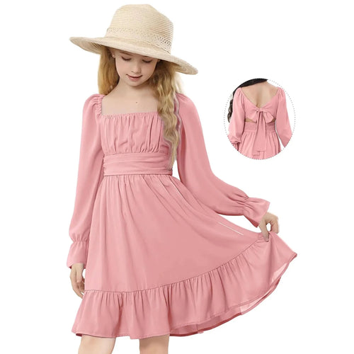Pink off-shoulder girls' dress by Mandotos International, suitable for all occasions, for ages 10-11 years, featuring a stylish design.