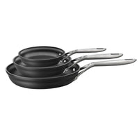 Set of three ZWILLING Motion nonstick fry pans by MANDOTOS INTERNATIONAL, showing different sizes with nonstick coating and stainless handles.
