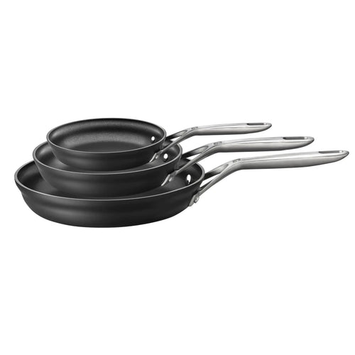 Set of three nonstick fry pans from ZWILLING Motion by MANDOTOS INTERNATIONAL, featuring comfortable handles and even heating.