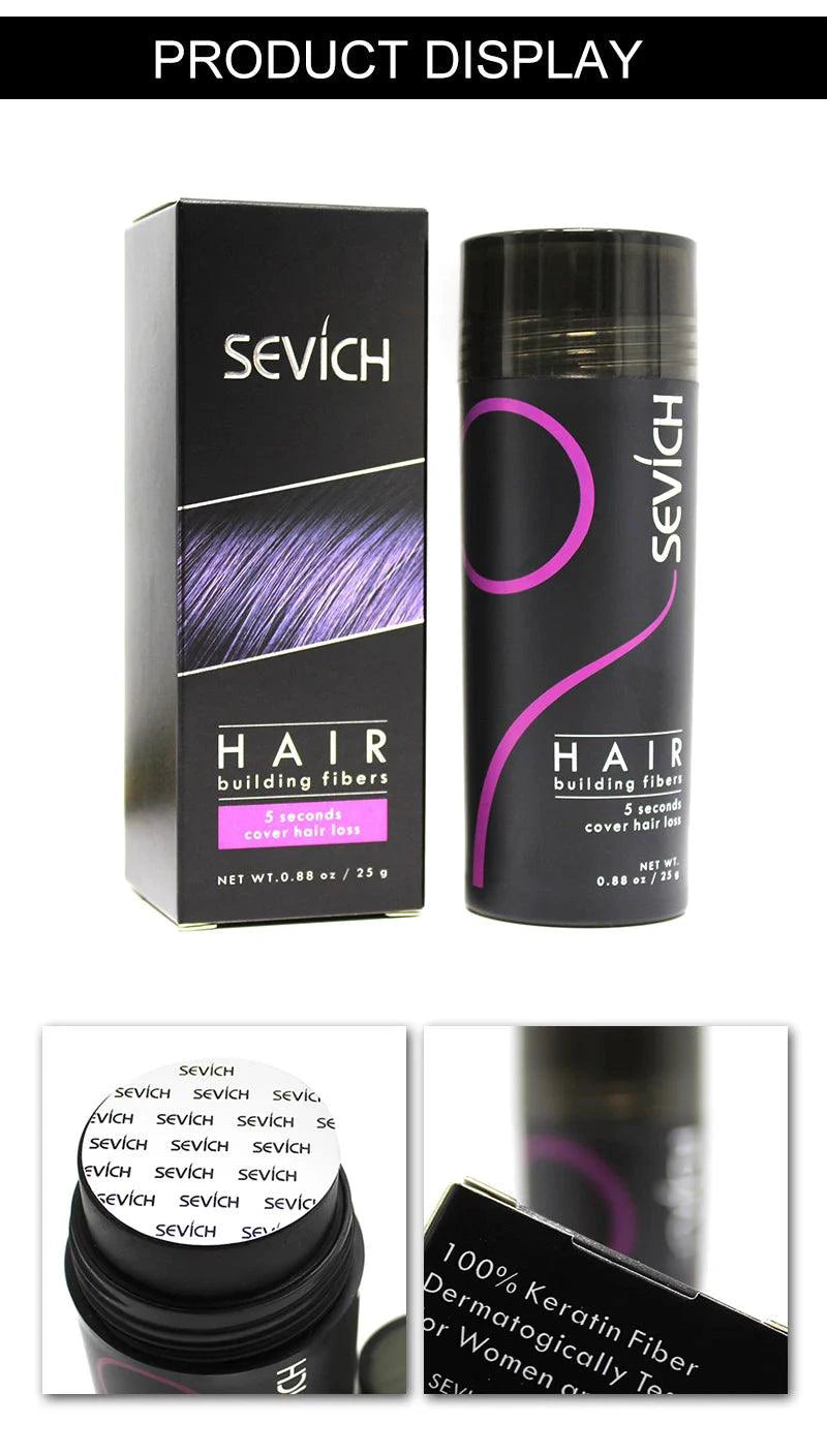 Mandotos Keratin Hair Building Fibers in 25g, hair thickening powder showing dark, natural-looking fibers for fuller hair appearance.