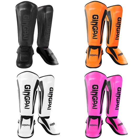 Mandotos kickboxing shin guards and Muay Thai leg protectors, padded for safety during martial arts training and sparring.