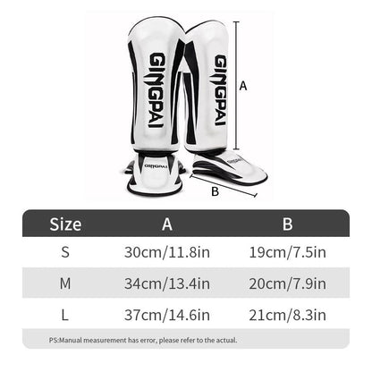 Mandotos kickboxing shin guards and Muay Thai leg protectors with padded design for impact protection during training and matches.