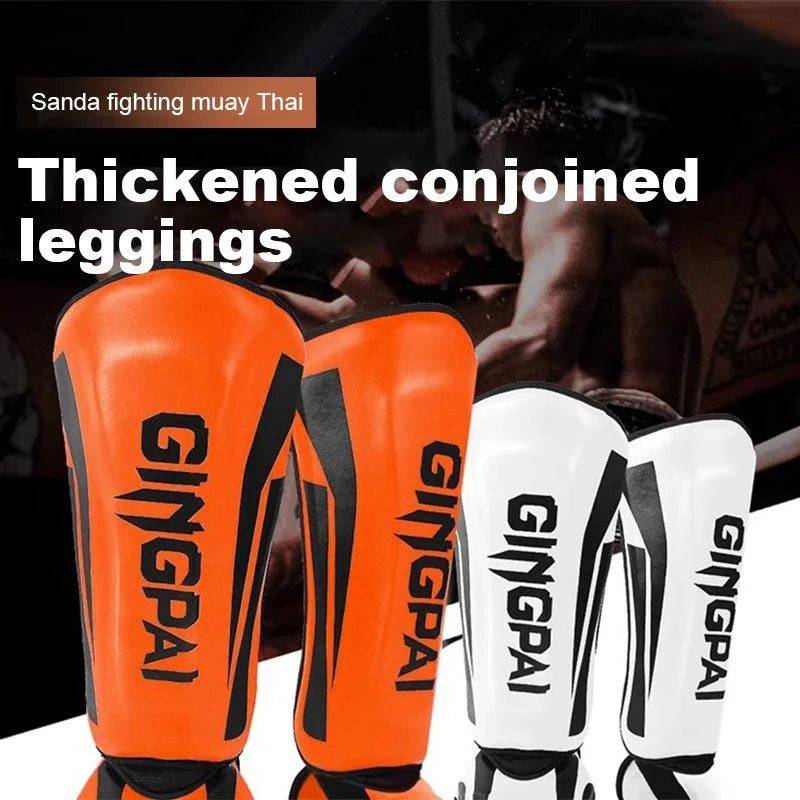 Mandotos kickboxing shin guards for Muay Thai, padded leg protectors for kickboxing training and competition.