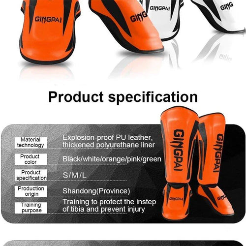 Mandotos kickboxing shin guards and Muay Thai leg protectors, padded for impact protection during training and matches.