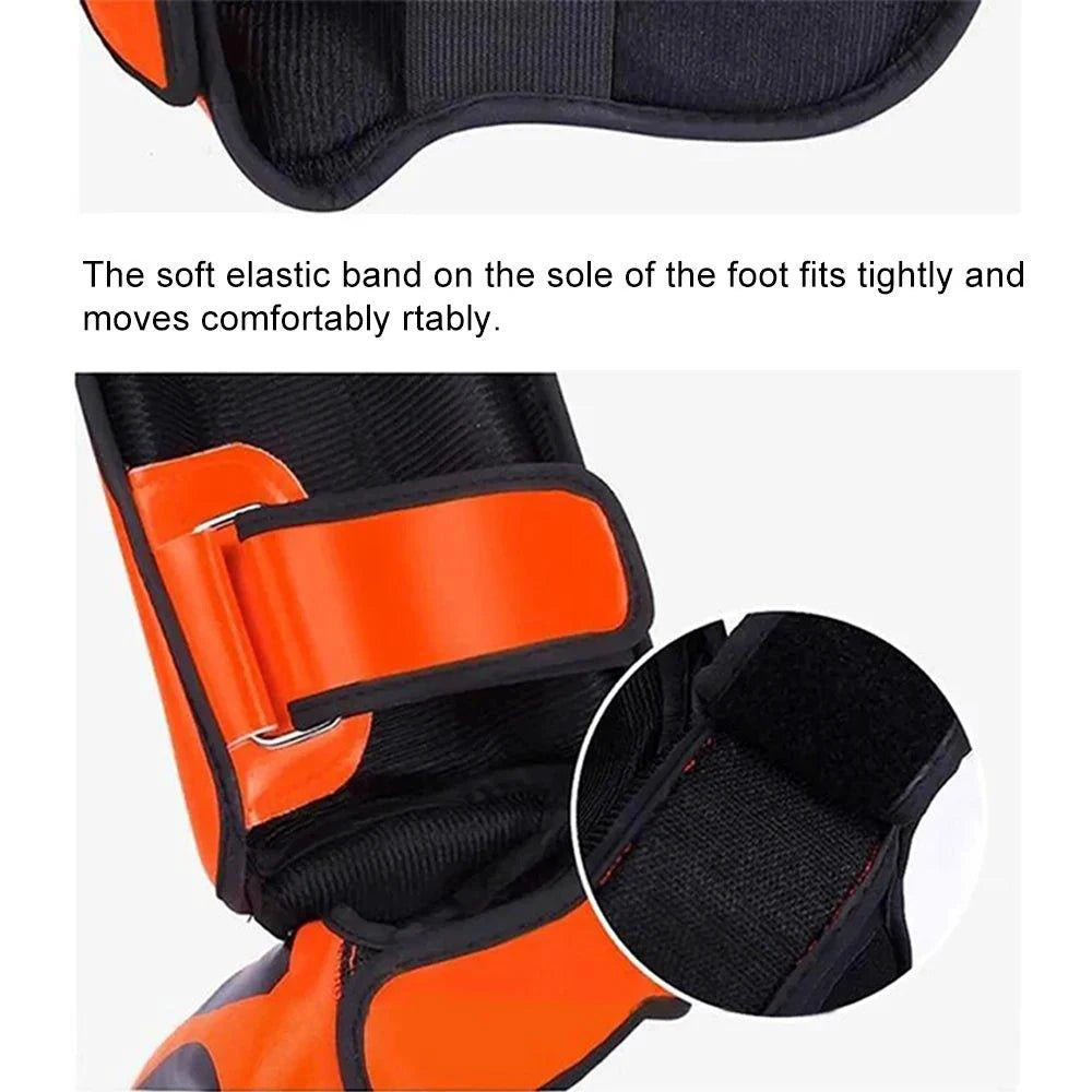 Mandotos kickboxing shin guards and Muay Thai leg protectors on a white background, showing the durable, padded design for combat sports.