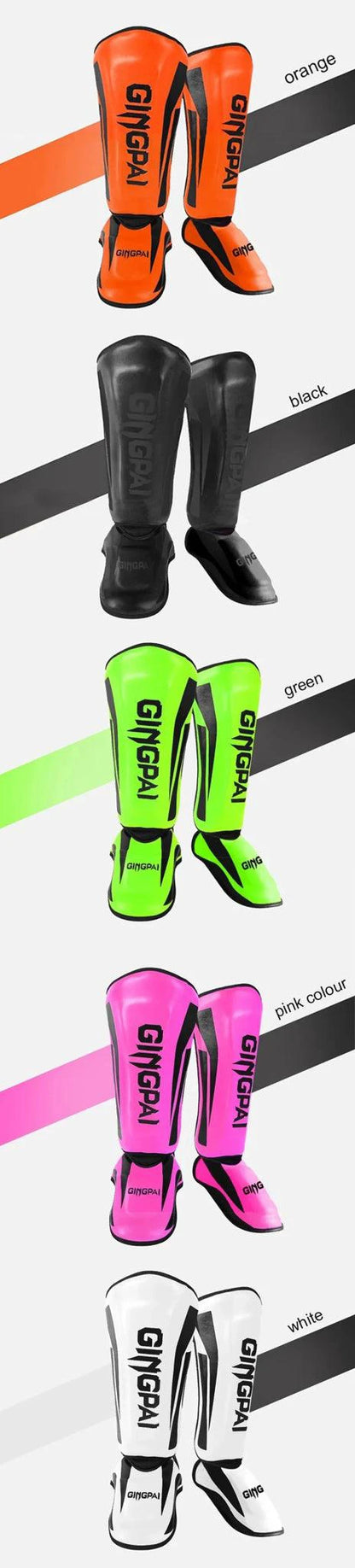 Mandotos kickboxing shin guards and Muay Thai leg protectors displayed, designed for martial arts training and protection.