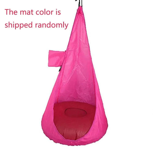 Kid's comfy hammock chair by MANDOTOS with colorful fabric, designed for cozy indoor or outdoor relaxation.