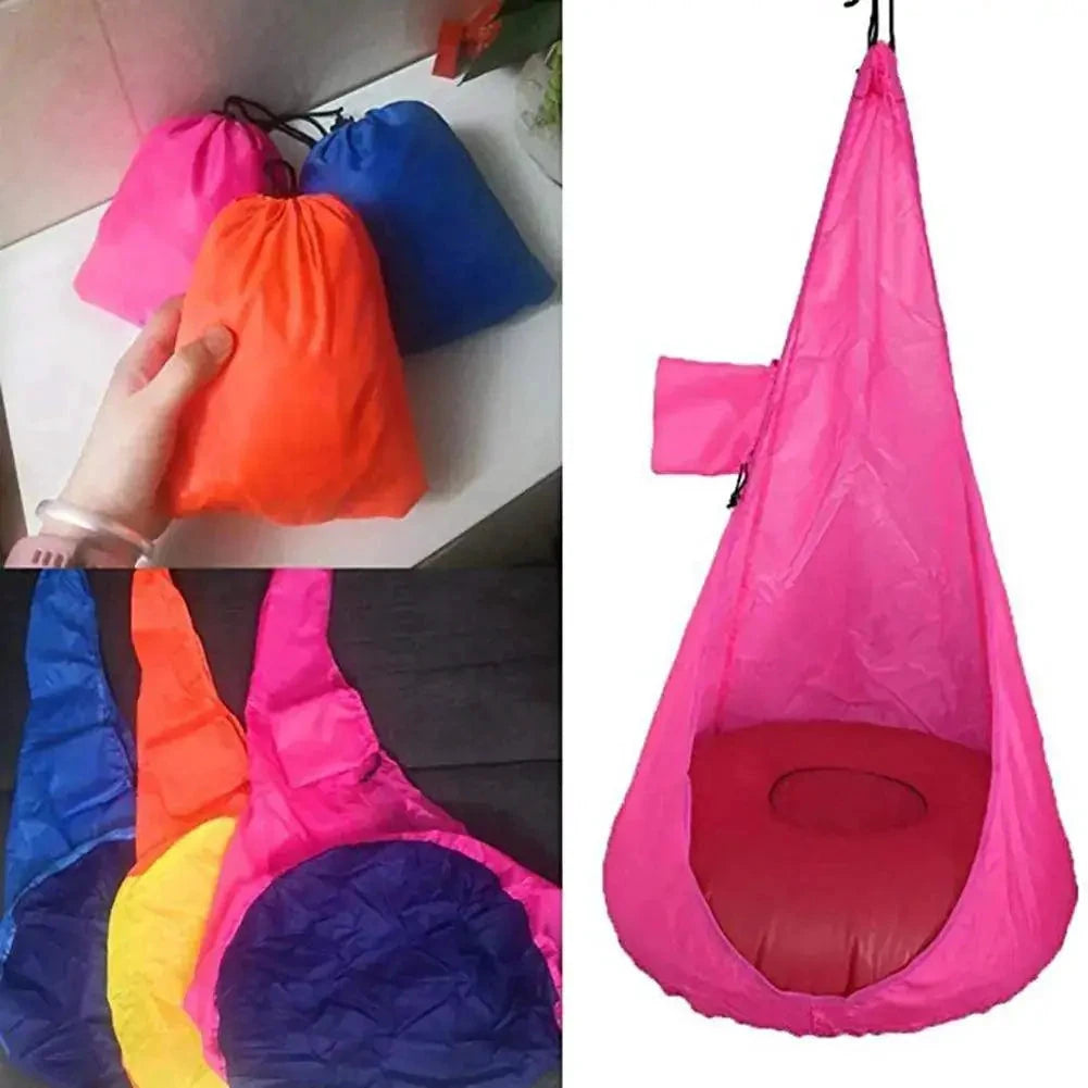 Kids' comfy hammock chair by MANDOTOS, lightweight fabric with a sturdy wooden frame, perfect for relaxing and lounging.