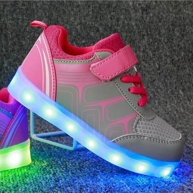 Kids luminous shoes by MANDOTOS with glowing soles and colorful straps, perfect for active children and nighttime wear.