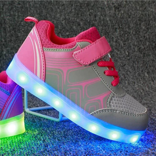 Kids luminous shoes by MANDOTOS with glowing soles and colorful straps, perfect for active children and nighttime wear.