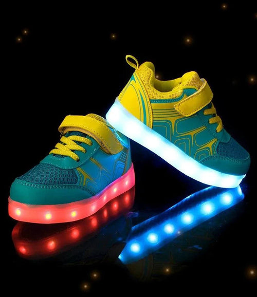 Kids luminous shoes by MANDOTOS with glowing soles and colorful designs, perfect for active children.