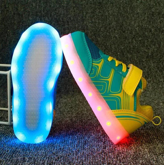 Kids luminous shoes by MANDOTOS featuring glowing soles and colorful design, perfect for active children.