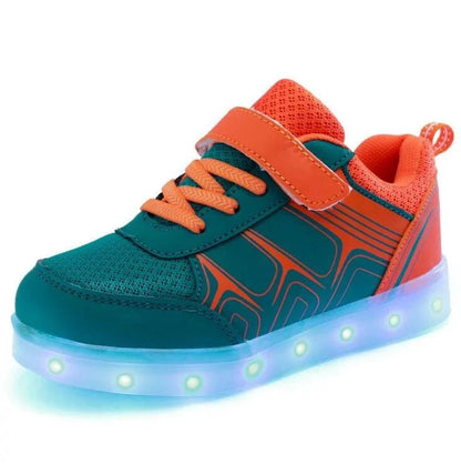 Kids luminous shoes by MANDOTOS with glowing soles, featuring colorful LED lights and adjustable straps for comfortable fit.
