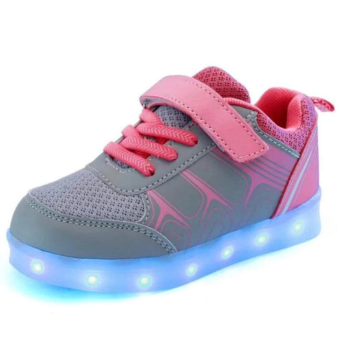 Kids luminous shoes from MANDOTOS with glowing soles and colorful design, perfect for active children.