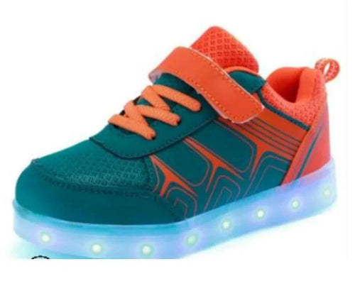 Kids luminous shoes by MANDOTOS featuring glowing soles and colorful designs, perfect for active children.