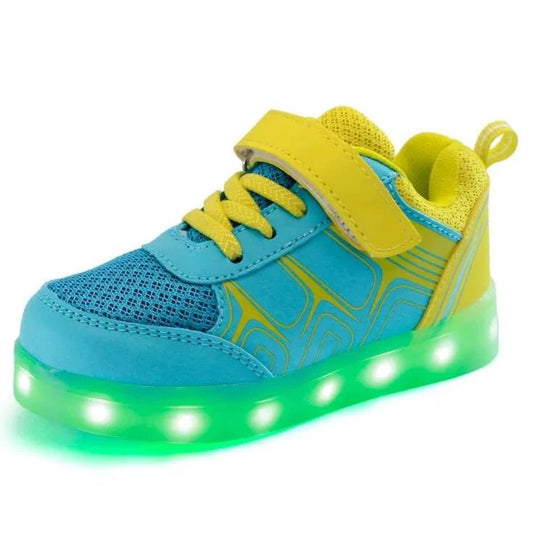 Kids luminous shoes by MANDOTOS with glowing soles and colorful design, perfect for active children.