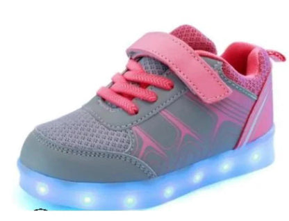 Kids luminous shoes by MANDOTOS with glowing soles, colorful design, and adjustable straps for comfortable kids' footwear.