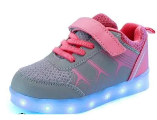 Kids luminous shoes by MANDOTOS with glowing soles, colorful design, and adjustable straps for comfortable kids' footwear.