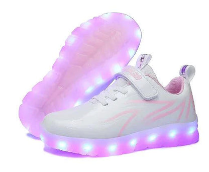 Kids luminous shoes by MANDOTOS with glowing soles, featuring colorful LED lights perfect for active children.