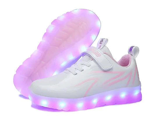 Kids luminous shoes by MANDOTOS with glowing soles, featuring colorful LED lights perfect for active children.