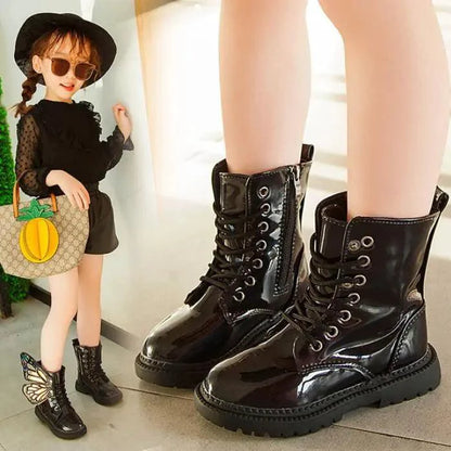 Kids winter shoes by MANDOTOS featuring waterproof boots with warm lining and non-slip soles for cold weather comfort.