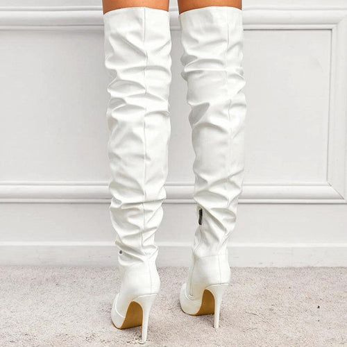 Mandotos women's knee-high long boots with super high heels, stylish party shoes for fashionable occasions.