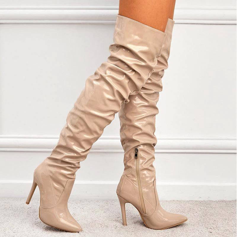 Mandotos women's knee-high long boots with super high heels, stylish party shoes for fashionable occasions.
