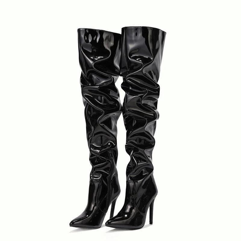 Mandotos women's knee-high long boots with super high heels, stylish party shoes for fashionable occasions.