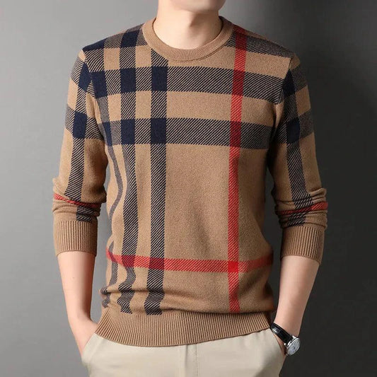 Mandotos men's knitwear casual crew neck sweater, featuring a comfortable fit and classic design, shown on a model.