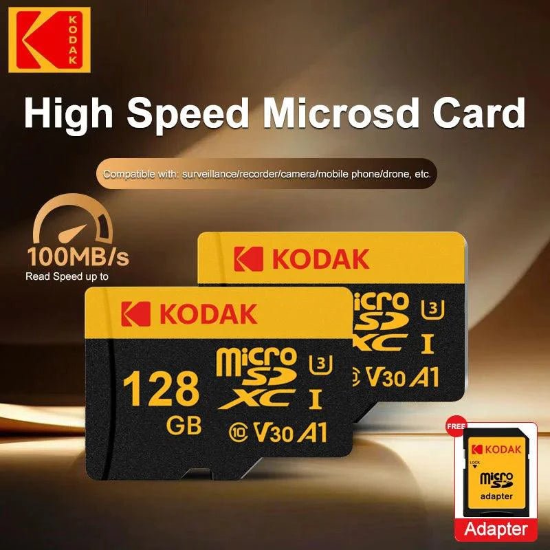 Mandotos KODAK Micro SD memory card in 64GB capacity with U3 V30 A1 speed class, compatible with car cameras, phones, and PCs.