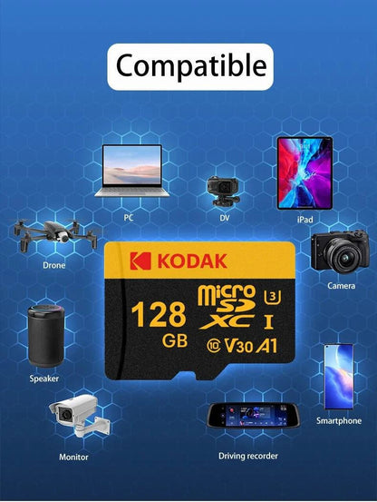 Mandotos KODAK Micro SD memory card with 64GB capacity, U3 V30 A1 class, suitable for car camera, PC, and phone storage.