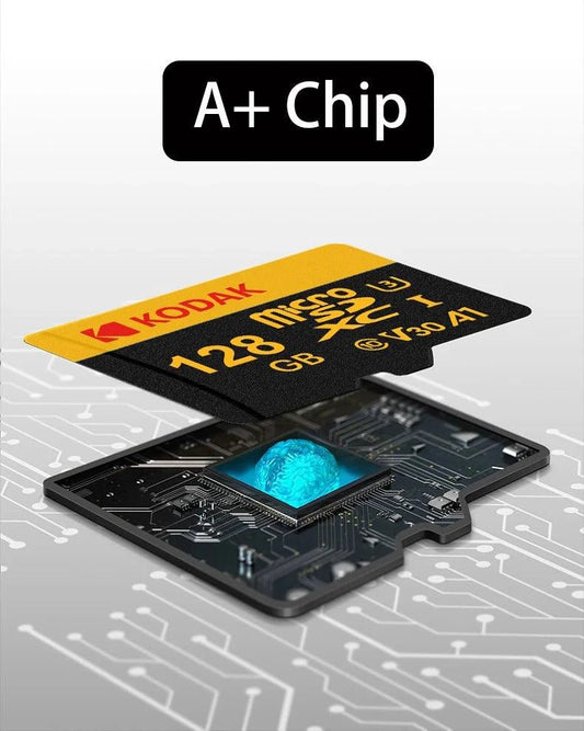 Mandotos KODAK Micro SD memory card in 64GB capacity, with labels showing storage options up to 512GB, U3 V30 A1 rated.