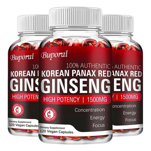 Mandotos Korean Red Panax Ginseng capsules for energy, mood, stamina, and mental health support, shown in a bottle with capsules