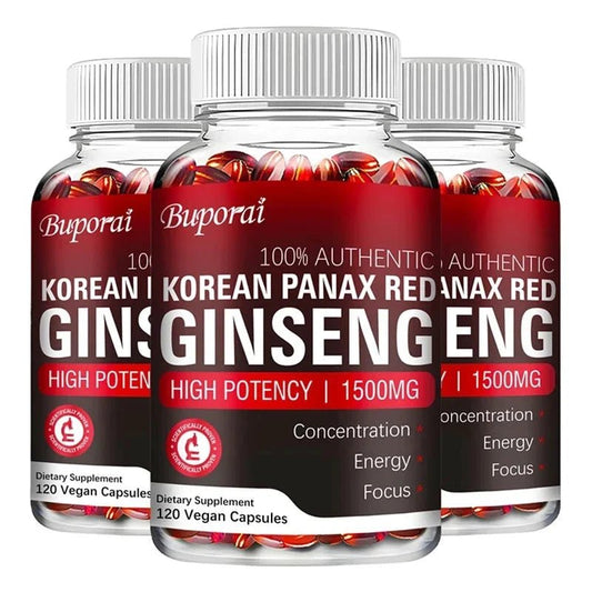 Mandotos Korean Red Panax Ginseng capsules for energy, mood, stamina, and mental health support, shown in a bottle with capsules