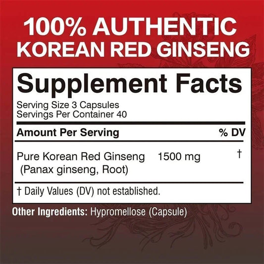 Mandotos Korean Red Panax Ginseng Capsules for energy, mood, stamina, and mental health support in a clear bottle.