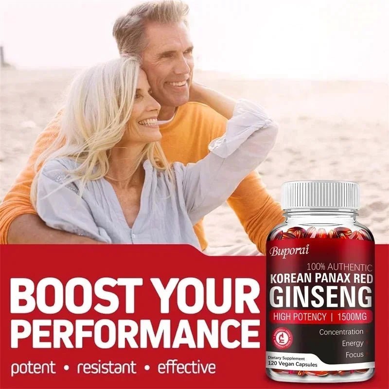 Mandotos Korean Red Panax Ginseng Capsules for energy, mood, stamina, and mental health support, shown in a clear bottle with capsules inside.