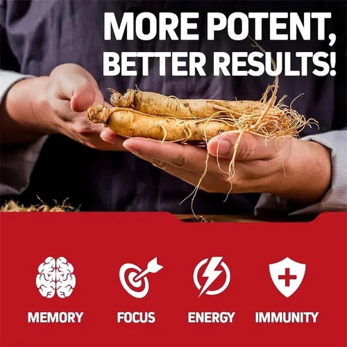 Mandotos Korean Red Panax Ginseng capsules for energy, mood, stamina, and mental health support, shown in a white bottle.