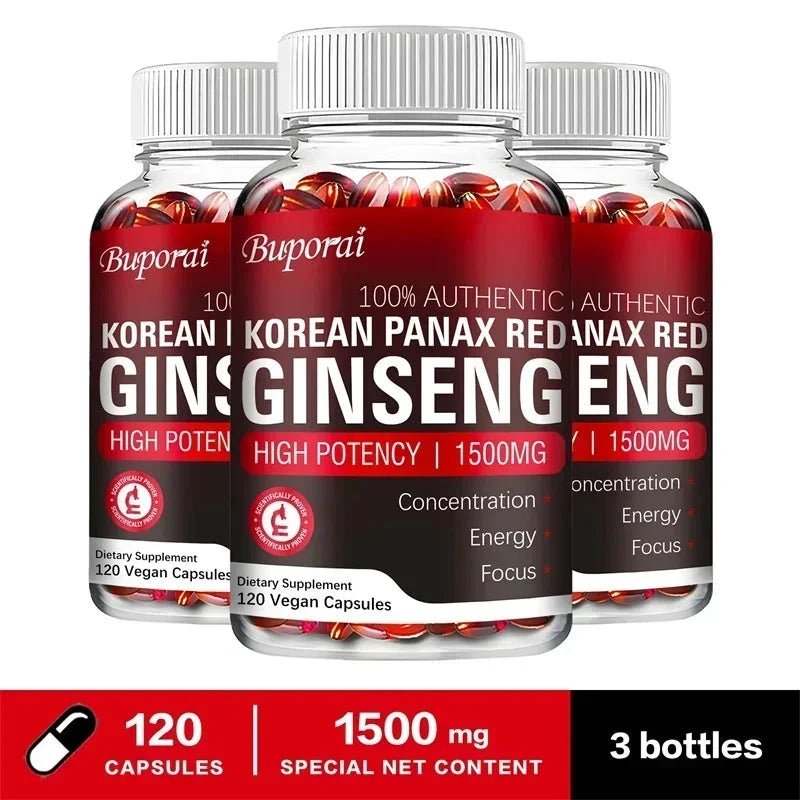 Mandotos Korean Red Panax Ginseng capsules for energy, mood, stamina, and mental health support, shown in a clear bottle.