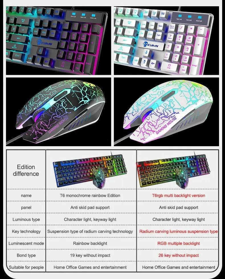 Mandotos Kuiying T6RGB luminous keyboard and mouse set with backlit keys and ergonomic design for gaming and work.