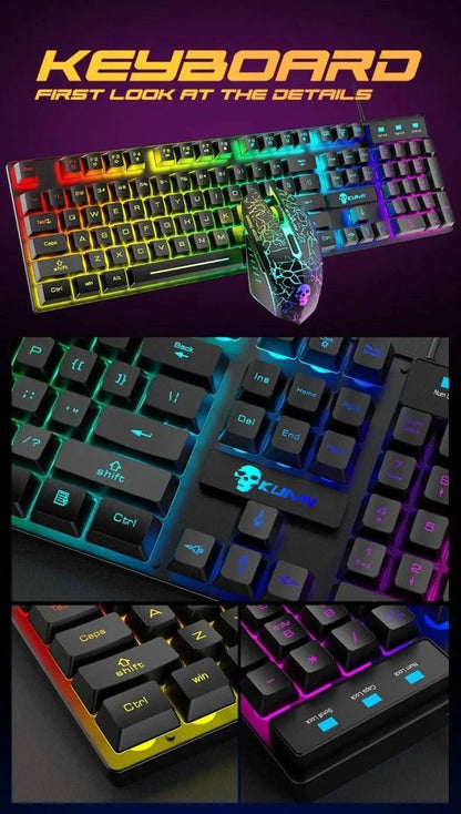 Mandotos Kuiying T6RGB luminous keyboard and mouse set with colorful backlit keys and sleek design.