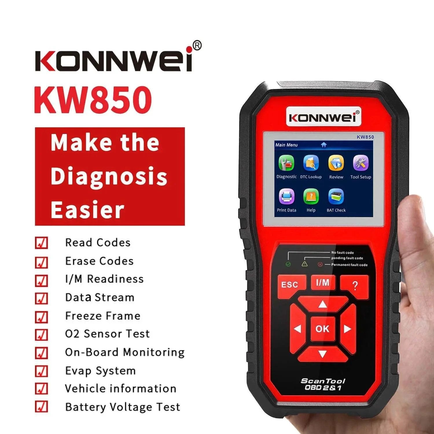 MANDOTOS KW850 OBD2 CAN BUS code reader scanner for diagnosing car engine fault codes and vehicle diagnostics.